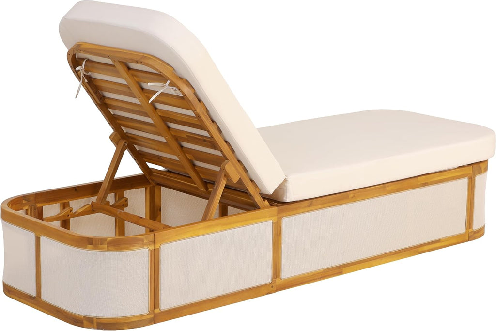 Teak Finish Acacia Wood Chaise Lounge Set with Cream 2-Fold Cushion, Outdoor Recliner Chair with 3-Position