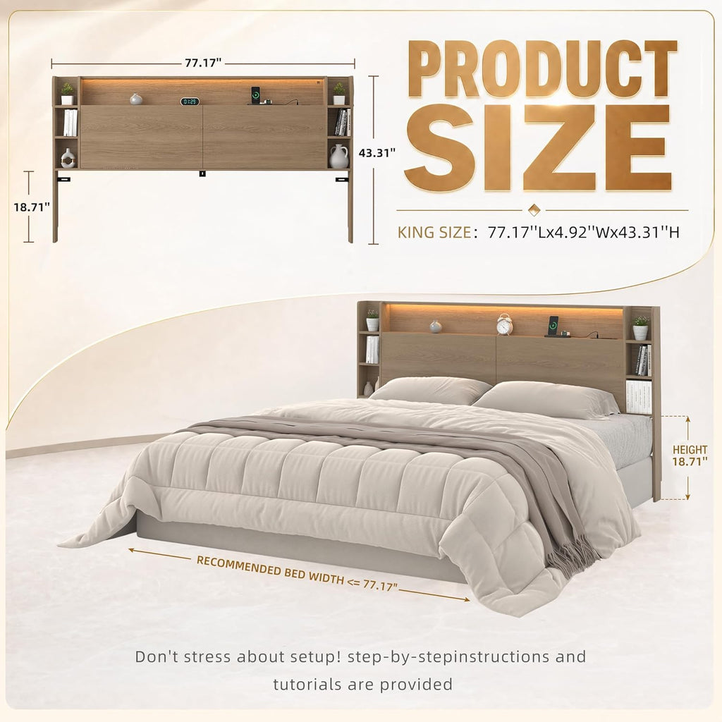 King Wall Mount Solid Wood Leg Headboard with Storage | Headboard Only,USB Charging,Rgb Light,Modern