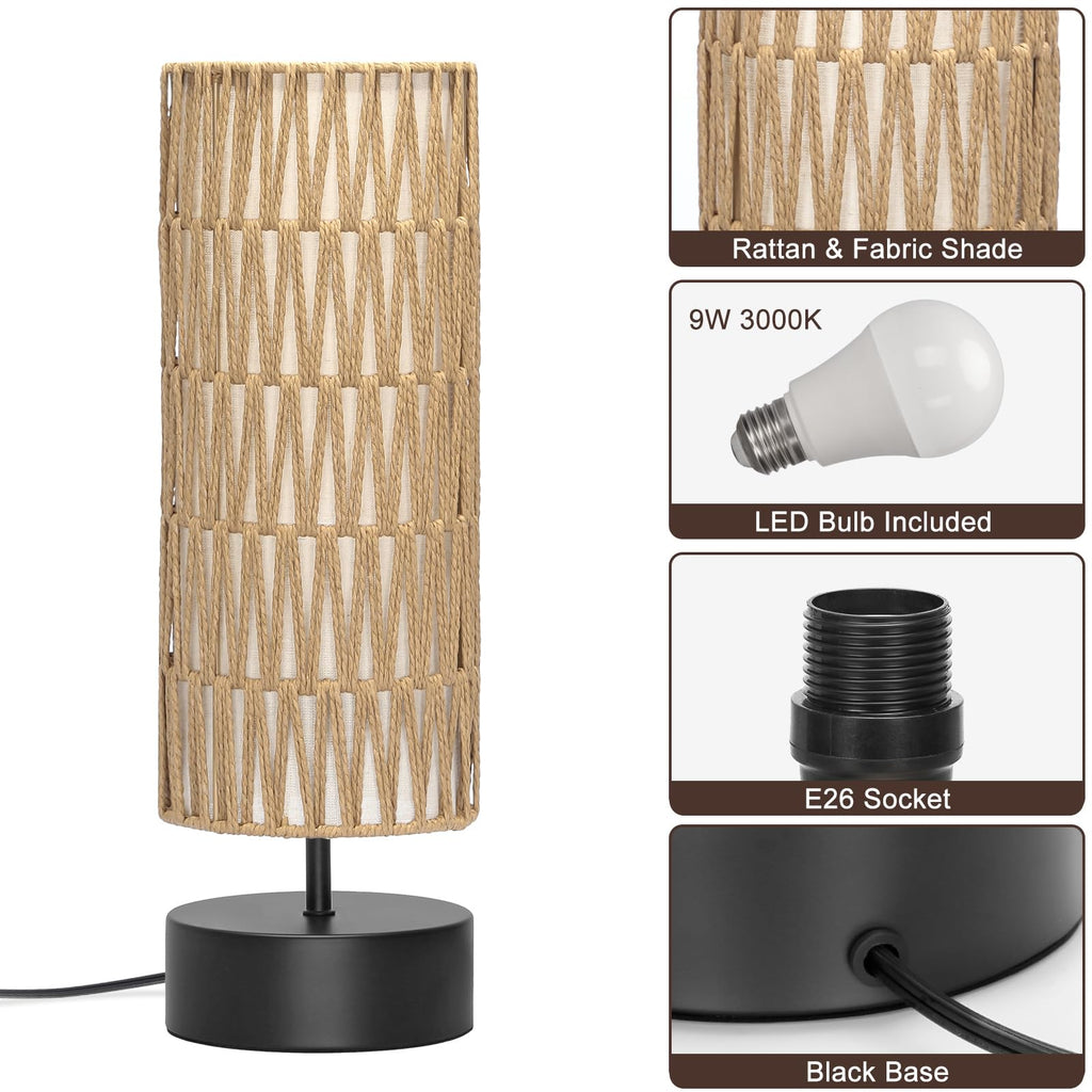 Rattan Table Lamp, Touch Control Bedside Table Lamp with Black Base, 3 Way Dimmable Nightstand Lamp with Dual-layer