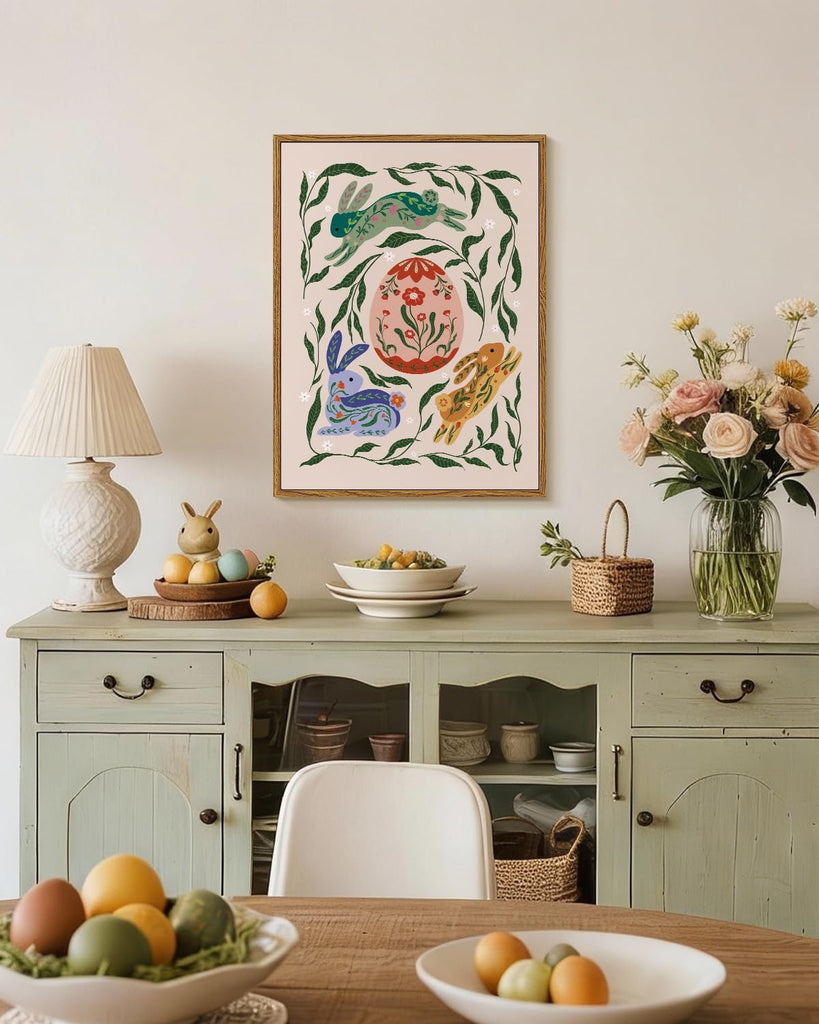 Easter bunny wall art framed canvas spring rabbit print floral egg artwork nursery decor kids room woodland animal