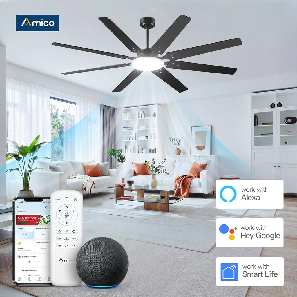 Ceiling Fans with Lights, 72 inch Smart Ceiling Fan Compatible with Alexa/App/Remote Contro,Reversible DC Motor