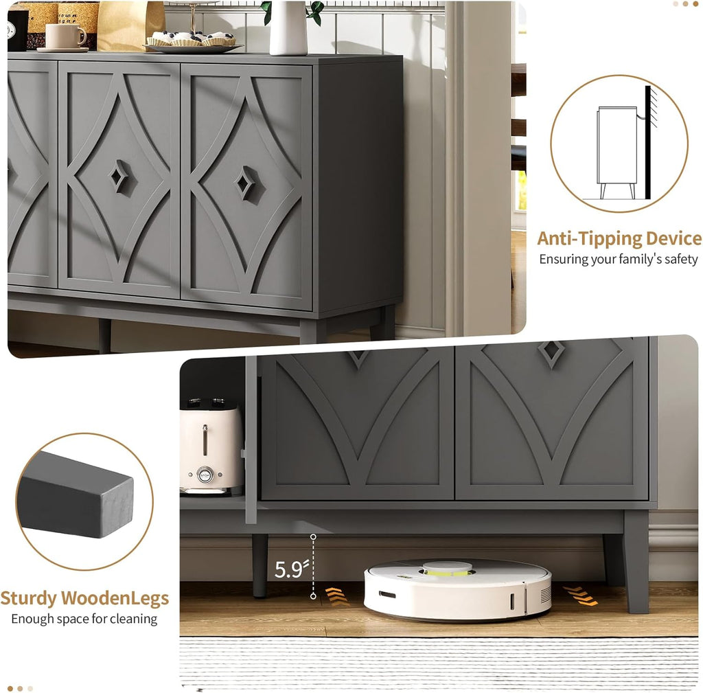 59" Sideboard Buffet Cabinet with Storage, Vintage Accent Cabinet with Diamond Handle and Adjustable Shelf