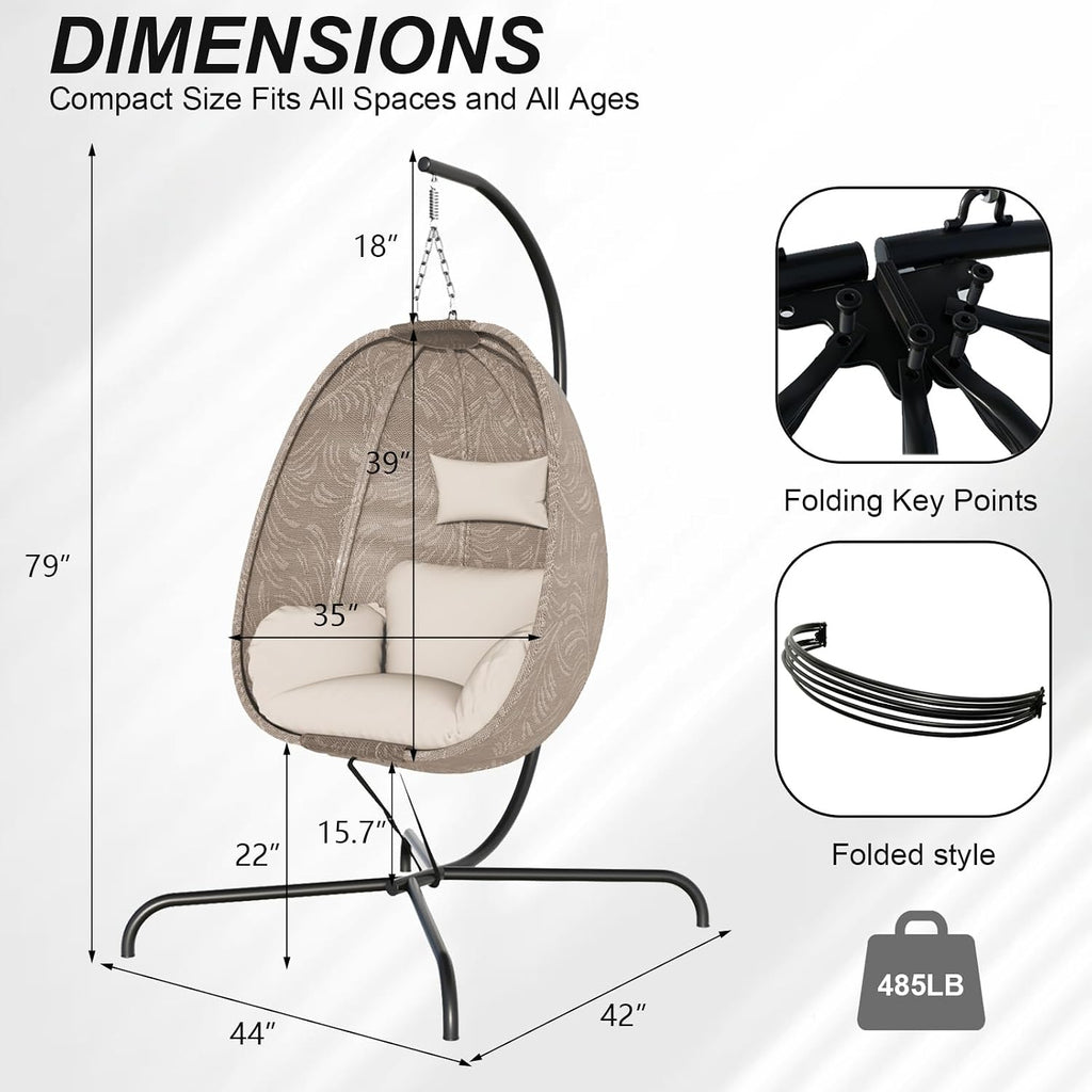 Foldable Egg Chair with Stand, 485LBS Capacity Textilene Hammock Swing Chair for Outdoor & Indoor, Patio Hanging