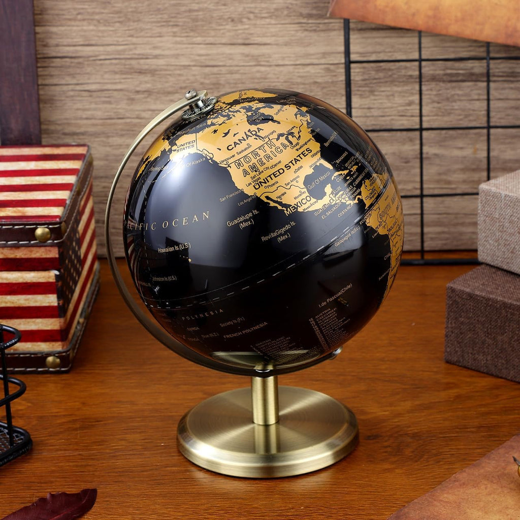 6 Inch Small World Globe, Black Gold Desktop Globe with Antique Bronze Stand, Vintage Metal Geography Map, Elegant
