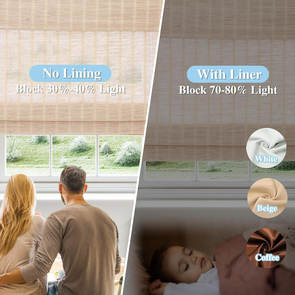 Blackout Bamboo Roman Shades Cordless, Woven Wood Natural Reef Roman Shade for Windows, Doors, Porch
