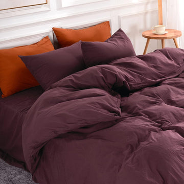 Duvet Cover Set Linen Look Textured 100% Washed Cotton Duvet Cover Burgundy Dark Red 3 Pieces Bedding Set
