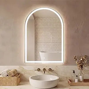 24“×36” Led Bathroom Backlit Mirror with Lights, Arched Vanity Mirror with Anti-Fog, Dimmable, 3-Color Light, Memory