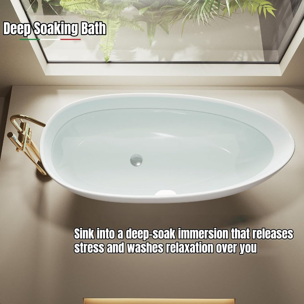 64" Edeyeu Freestanding Bathtub - Modern Artificial Stone Soaking Bathtub, Extra-Deep Freestanding Bathtub, Colored
