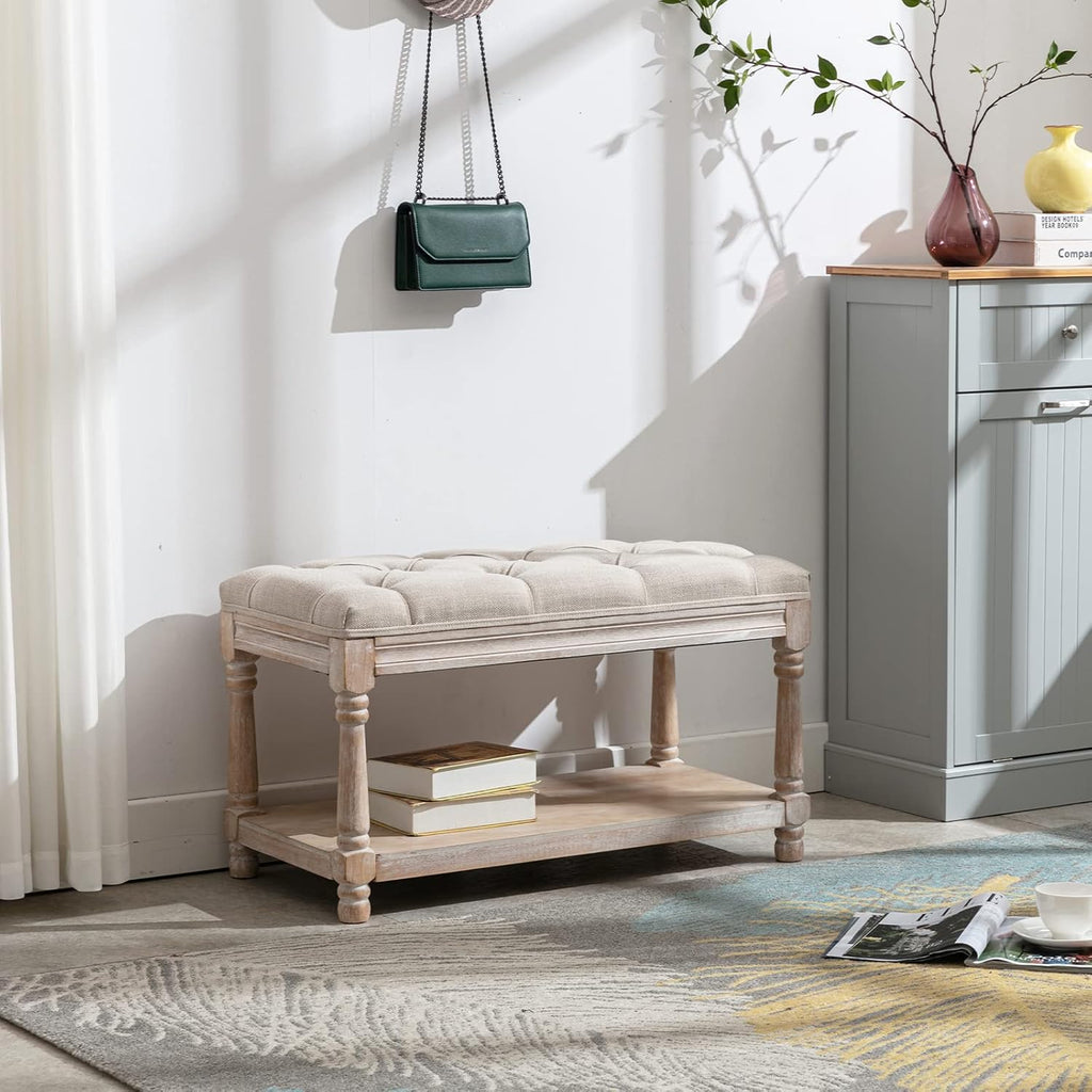 Farmhouse Storage Bench Wooden Entryway Linen Upholstered Ottoman Button Tufted Bench End of Bed Hallway Organizer