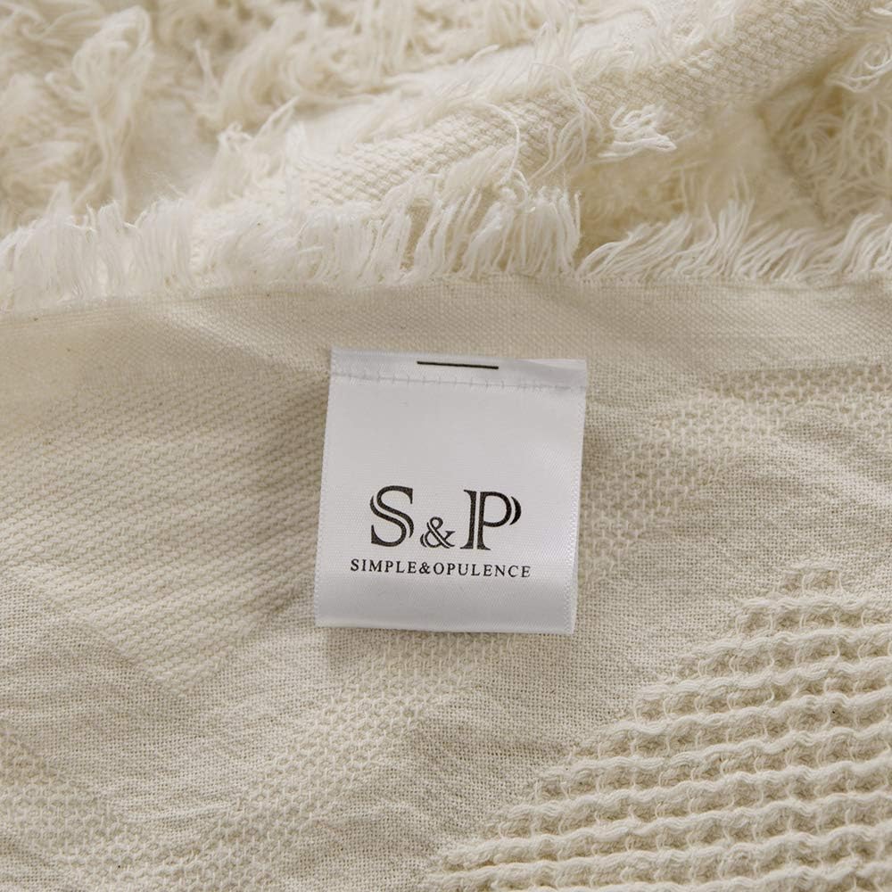 100% Cotton Throw Blanket, Boho Textured Geometric Knit Woven Blanket with Tassels Soft, Lightweight Breathable