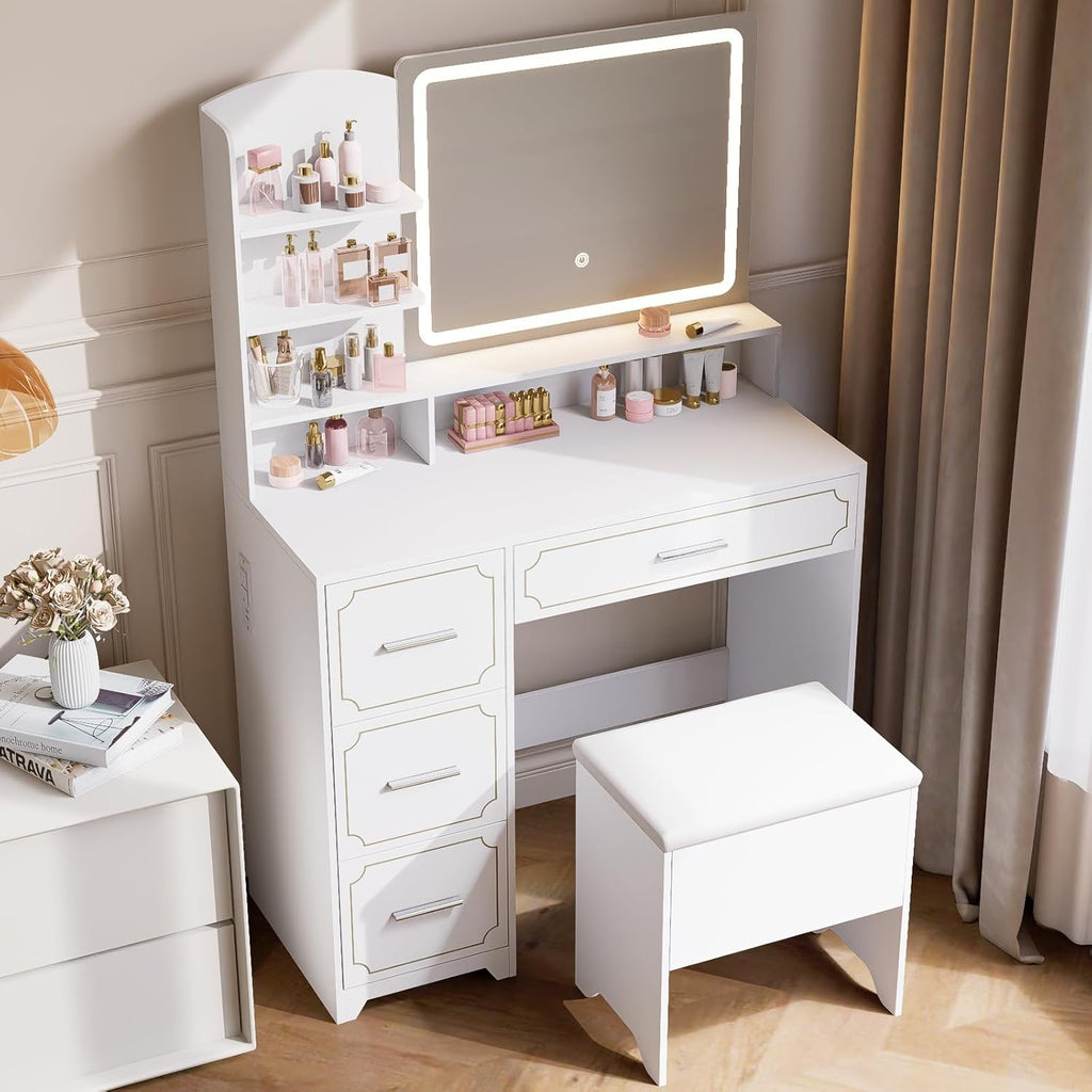 Vanity Table with LED Mirror & Power Outlet - 5 Open Shelves, 4 Drawers - Includes Padded Stool - Ideal Bedroom