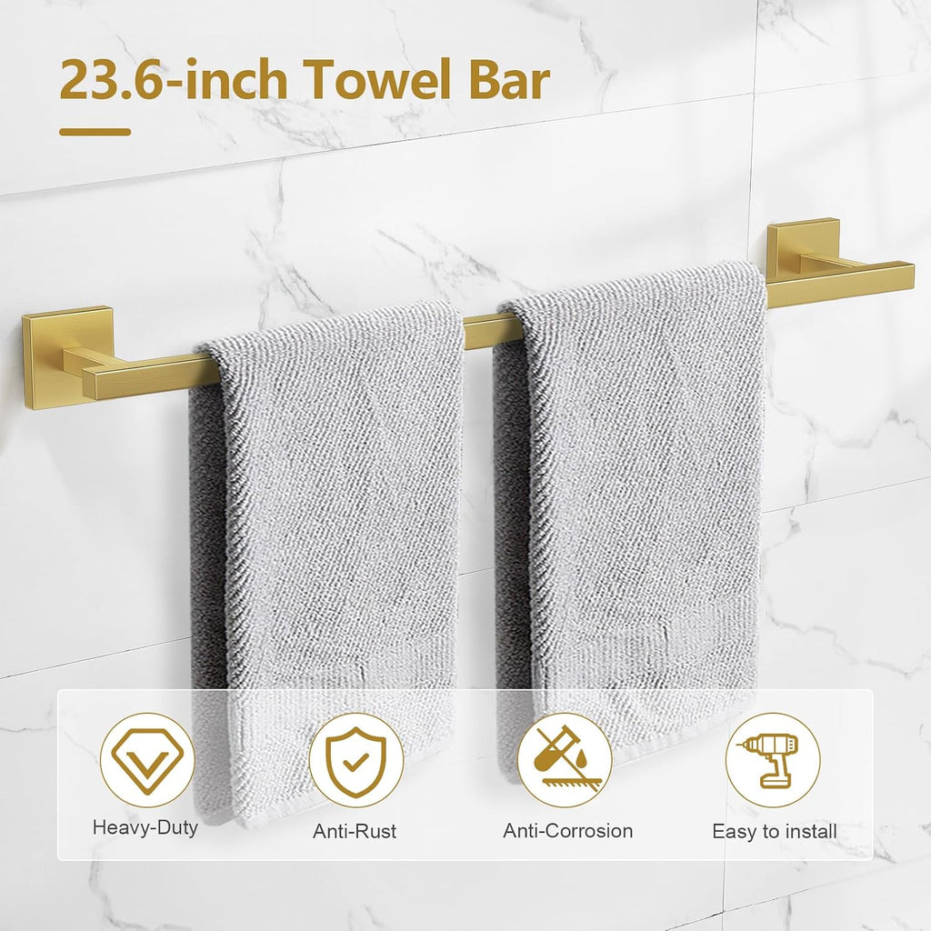 5-Pieces Brushed Gold Bathroom Hardware Accessories Set 23.6" SUS304 Stainless Steel Towel Bar Set Wall Mounted