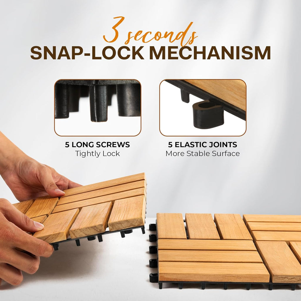 Set of 10 Premium Teak Deck Tiles, Snap-Lock Teak Shower Tile with Stable Mesh Base, 12 Slats