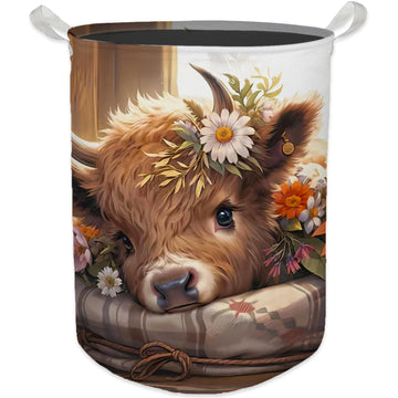 Highland Cow Laundry Basket, Farmhouse Floral Western Cow Waterproof Collapsible Laundry Hamper Dirty Clothes Storage