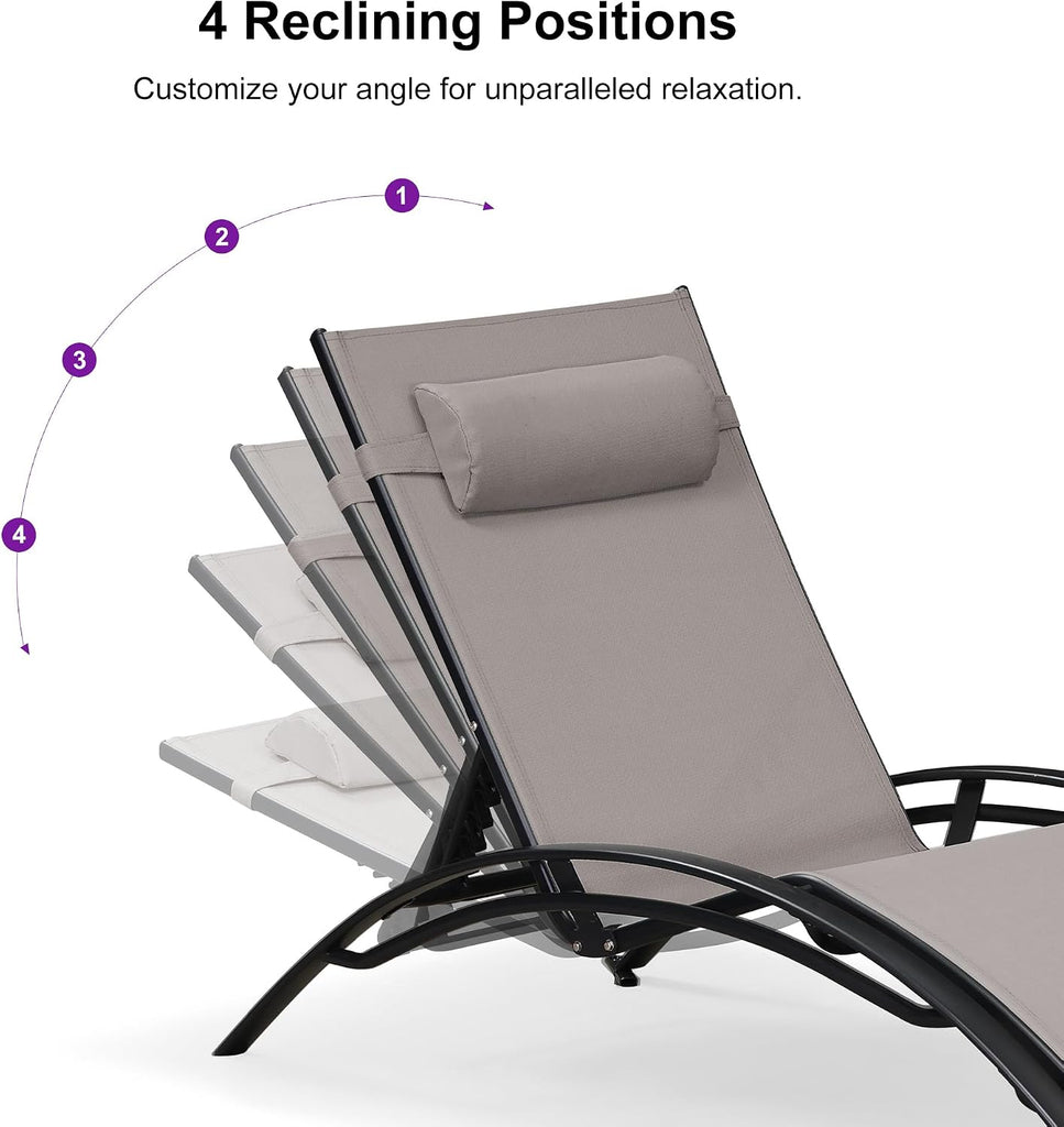 Patio Pool Lounge Chaise Set of 3 Outdoor Lounger Chair, Taupe | 2 Chaise + 1 Table, Aluminum Frame, Adjustable