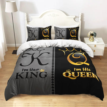 Grey and Black Duvet Cover Set, K and Q Printed Crown Couple Bedding Set Gifts,3 Piece His Her Themed Lightweight