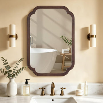 Wood Bathroom Mirror for Wall Decor Arched Rounded Corner Rustic Wood Frame Wall Mirror Home Decorative for Vanity