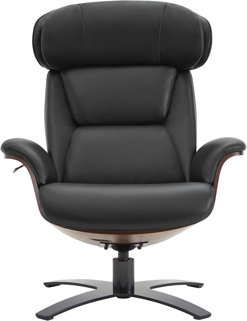Modern Reclining Swivel Lounge Chair and Ottoman — Black Genuine Leather