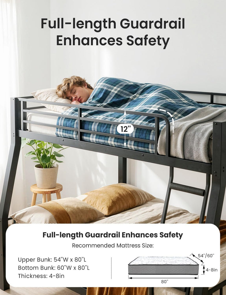 Full XL Over Queen Bunk Bed for Adults, Heavy Duty Metal Bed Frame with Full-Length Guardrails & Anti-Slip Ladder