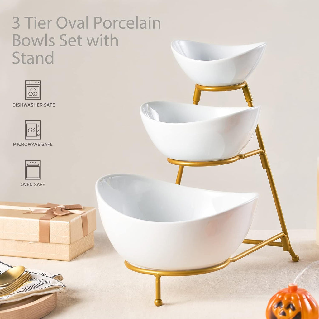 3 Tier Serving Bowls Set Tiered Serving Stand, Porcelain Oval Bowls with Collapsible Metal Stand for Entertaining