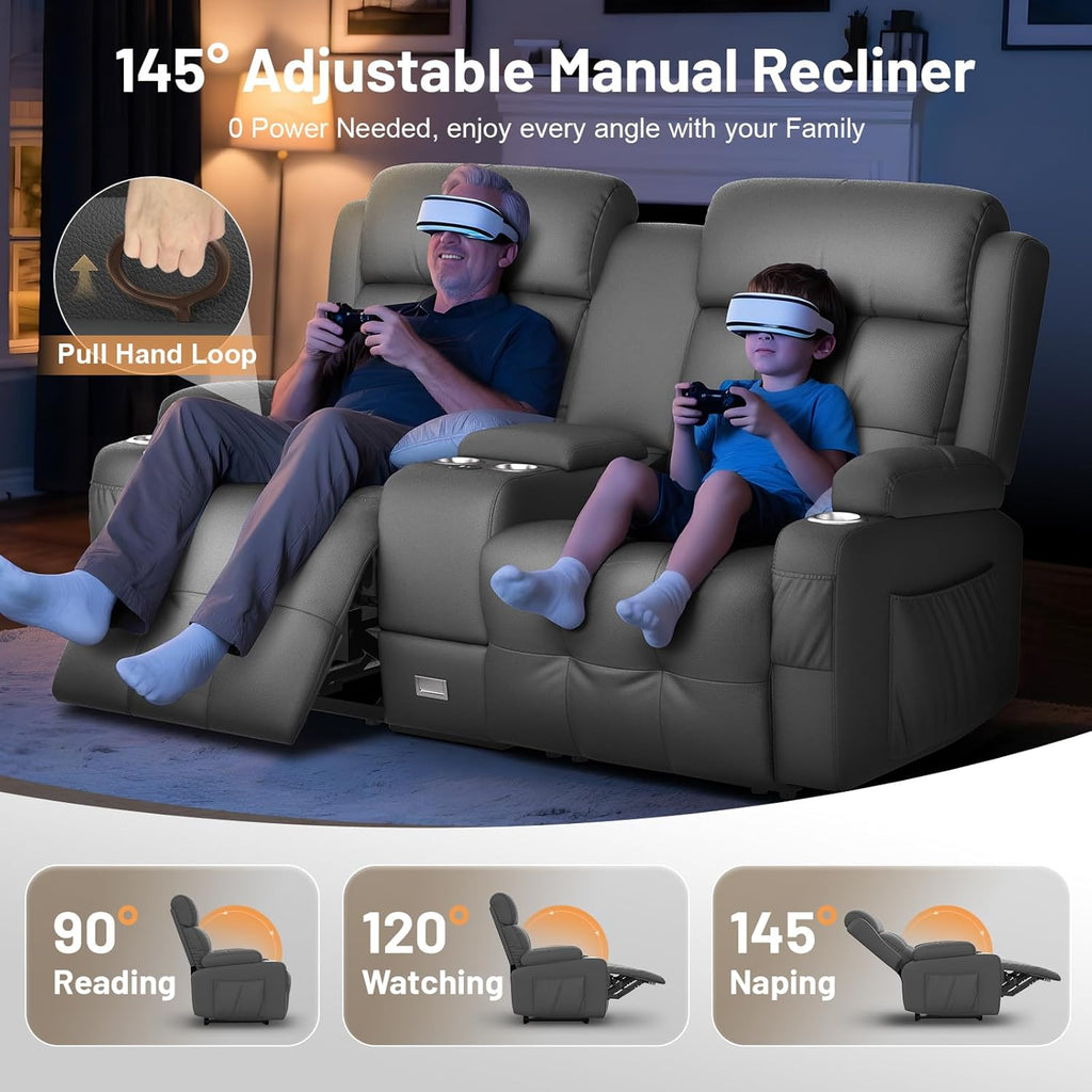 Home Theater Seating Loveseat Recliner Sofa, Massage Reclining Couch with USB, Center Console