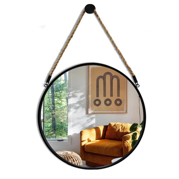 15" Small Round Hanging Mirror, Circle Wall Mirror with Jute Rope