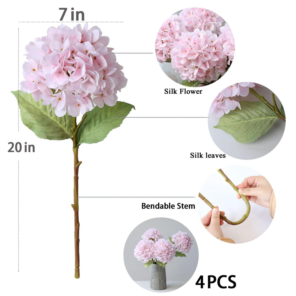 4Pcs Pink Artificial Hydrangea Flowers Large Fake Silk Hydrangea Flower with Leaves Stems Realistic Faux Hydrangeas