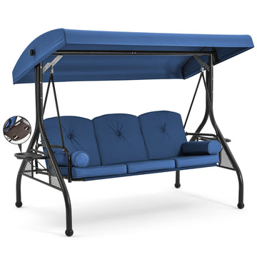 3 Seat Porch Swing with Adjustable Canopy, Patio Swing with Stand