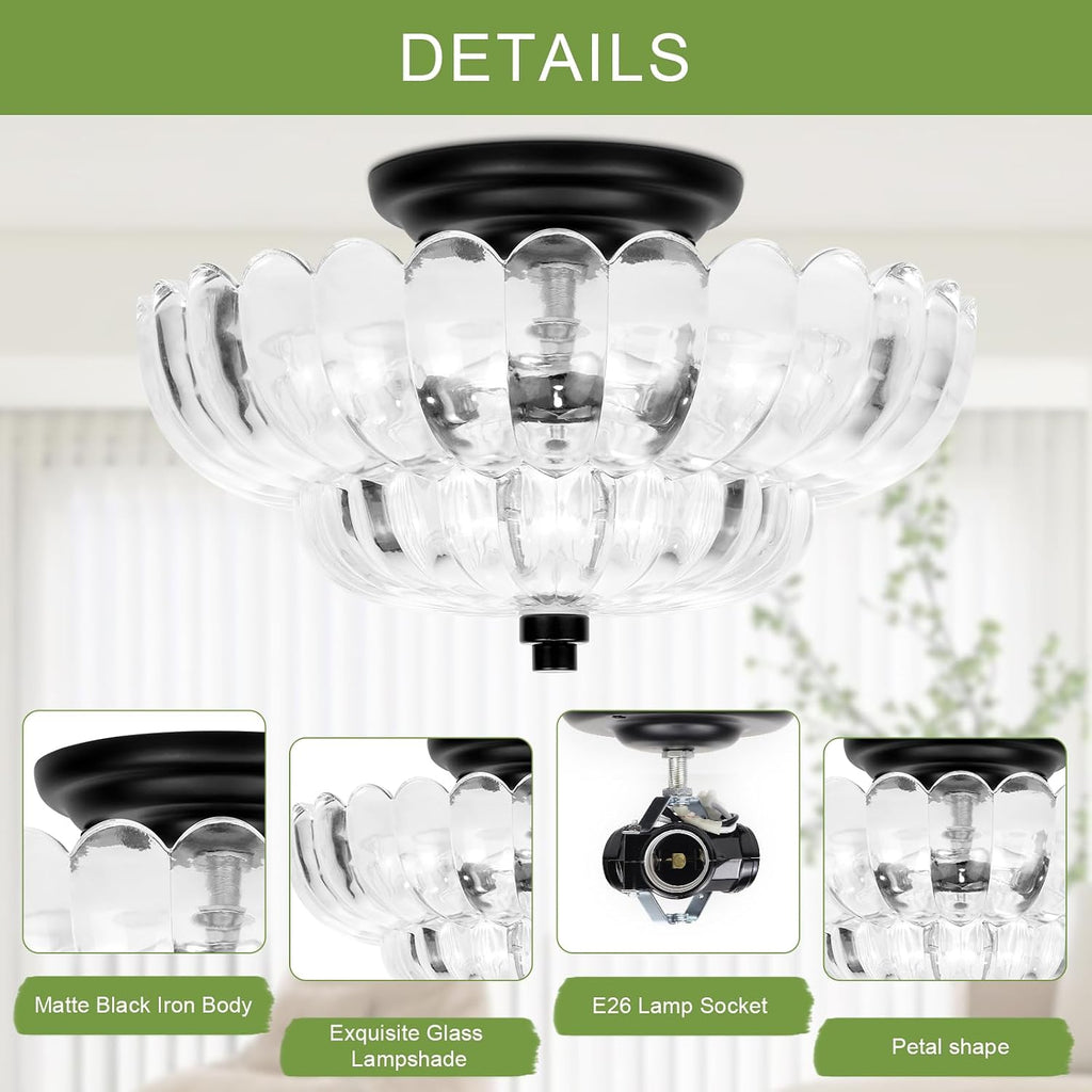 11.8-Inch Black Semi Flush Mount Ceiling Light, Modern 3-Light Clear Glass Chandelier Light Fixture Kitchen Bathroom