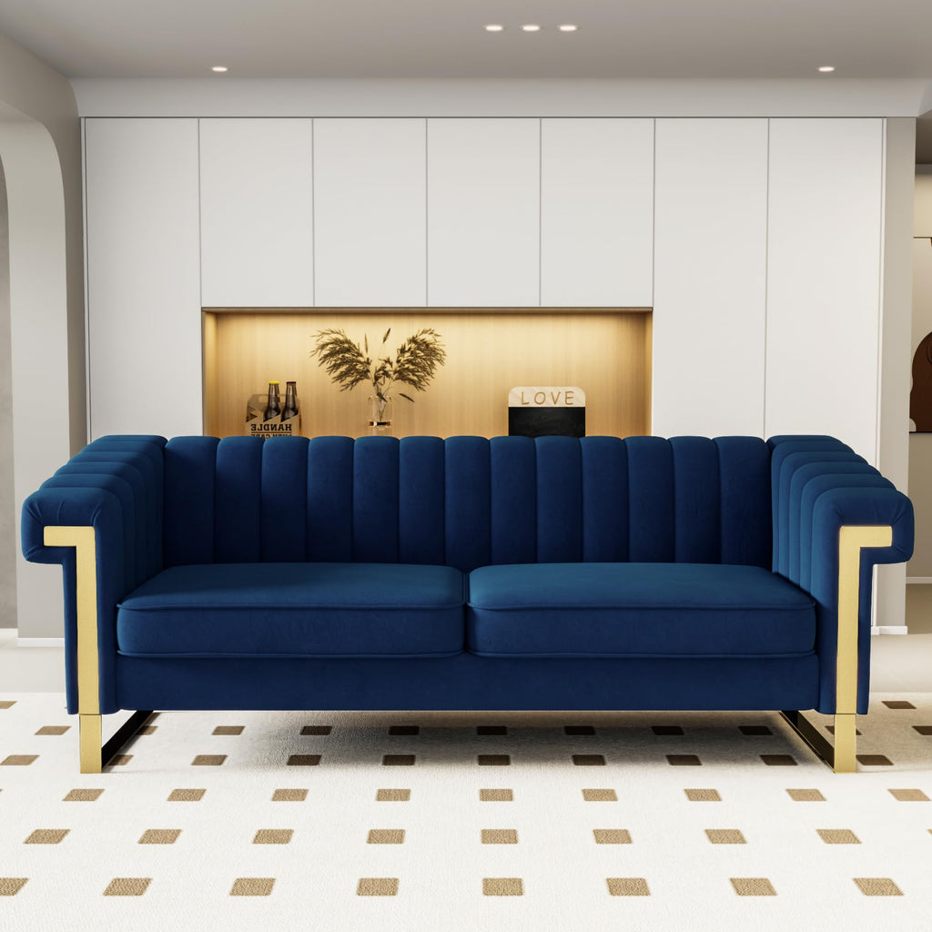 2 Piece Couch Set, Blue Couches, Chesterfield Sofa Set with Gold Metal Legs, Tufted Couches (Blue, 83.86")