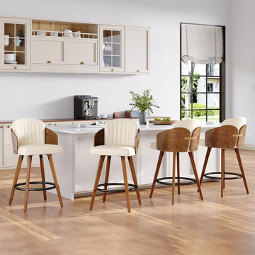 Bar Stools Set of 4, 30 Inch Mid Century Bar Height Barstools with Walnut Back and Arms, Upholstered Seat, Swivel