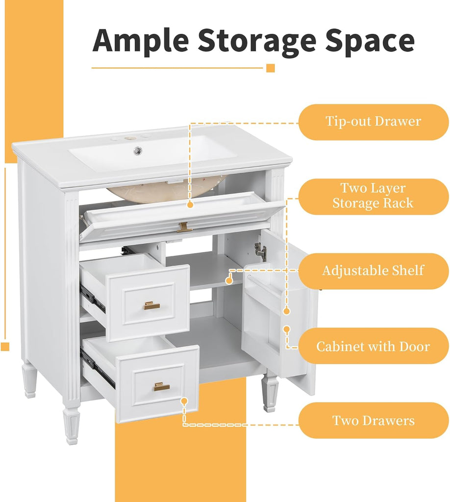 Harper & Bright Designs 30" Bathroom Vanity with Sink, Free Standing Vanity Set with Tip-Out Drawer, 2 Drawers