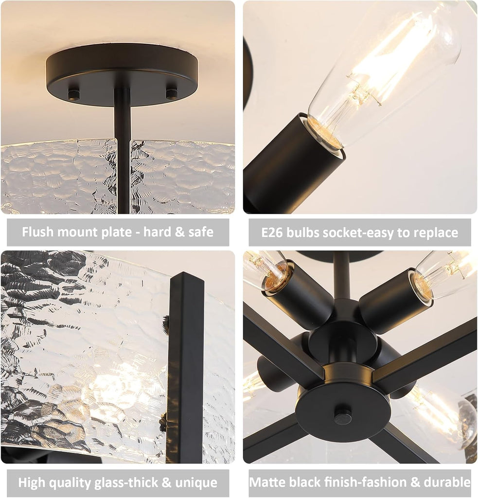 18" Black Large Semi Flush Mount Ceiling Light, 4-Light Farmhouse Ceiling Light, Foyer Light Fixtures Modern Glass
