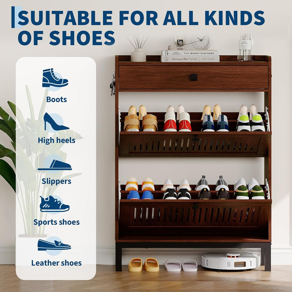 Shoe Cabinet with 2 Flip Drawers and 1 Large Drawer, Wooden Shoe Organizer Cabinet with Adjustable Shelf, Shoe