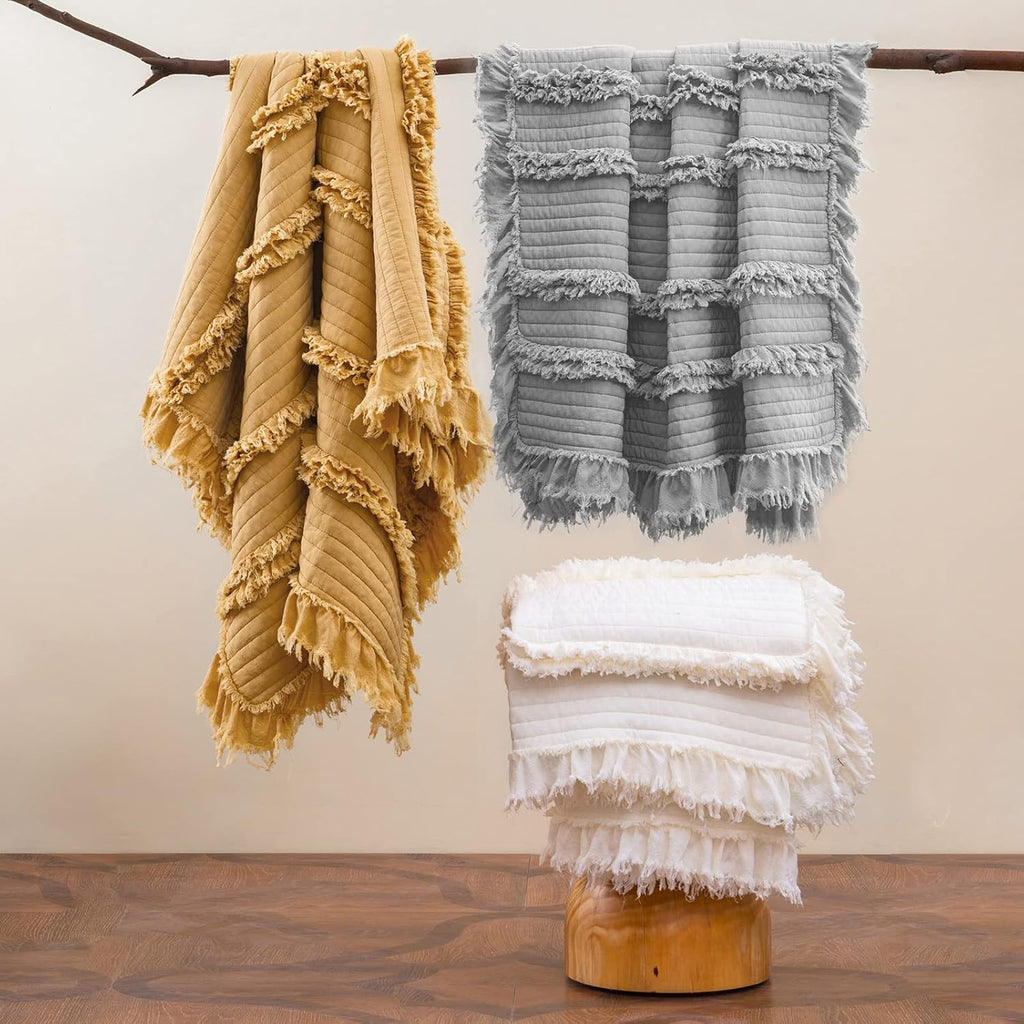 Ultra Soft Pre-Washed Warm Quilted Throw Blanket, Ruffle Fringed Cream Boho Decorative Throw, Stone Washed Chic