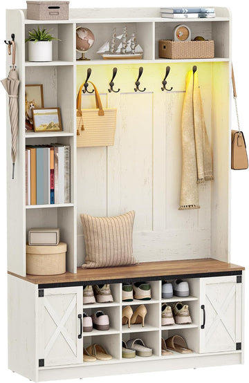 47.2" Hall Tree, LED Farmhouse Entryway Storage and Coat Rack Wood, Entryway Furniture with 7 Hooks, Hall Tree with