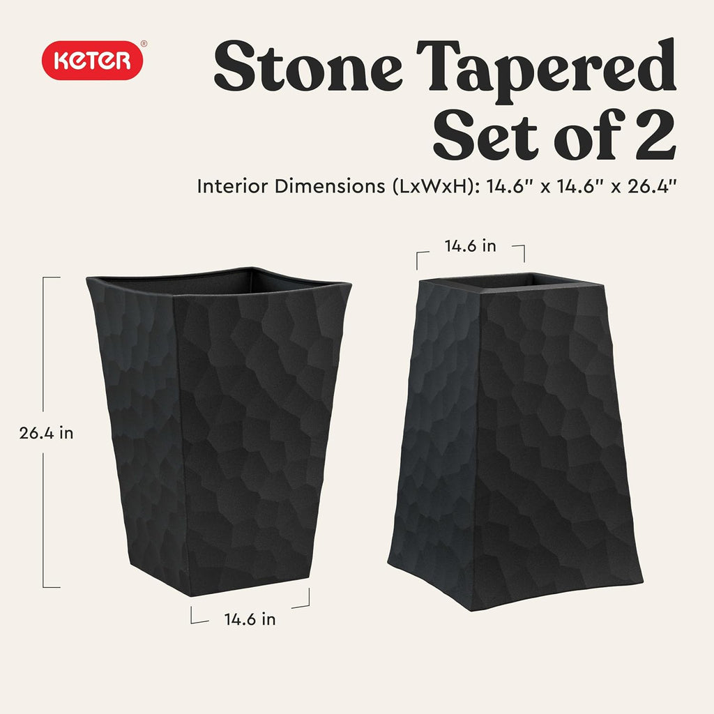 Stone Tapered Planter Set of 2, Tall 26.4‐Inch Resin Outdoor Flower Pots with Stone‐Look Finish and 12.2‐Gallon