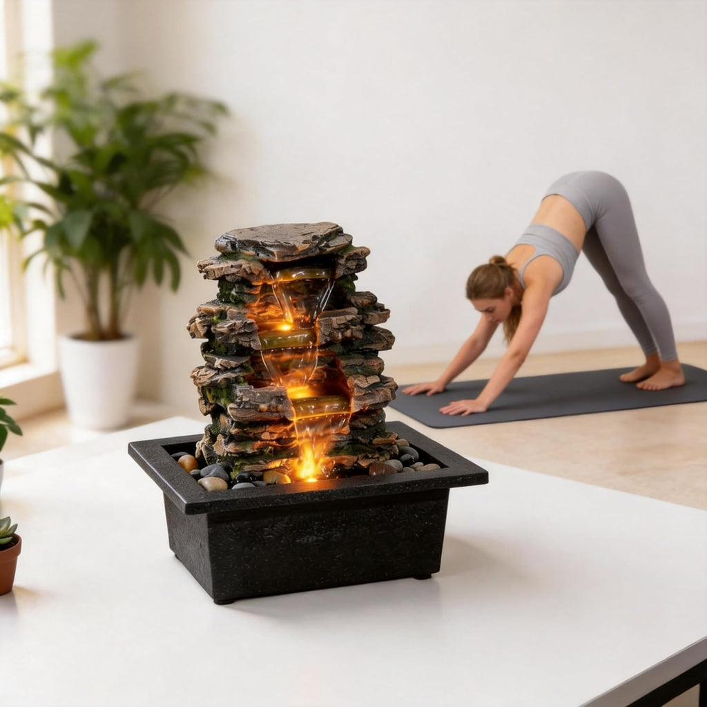 Tabletop Water Fountain, Home Décor Soothing Sound Machine with Automatic Pump, Deep Basin and Natural River Rocks.
