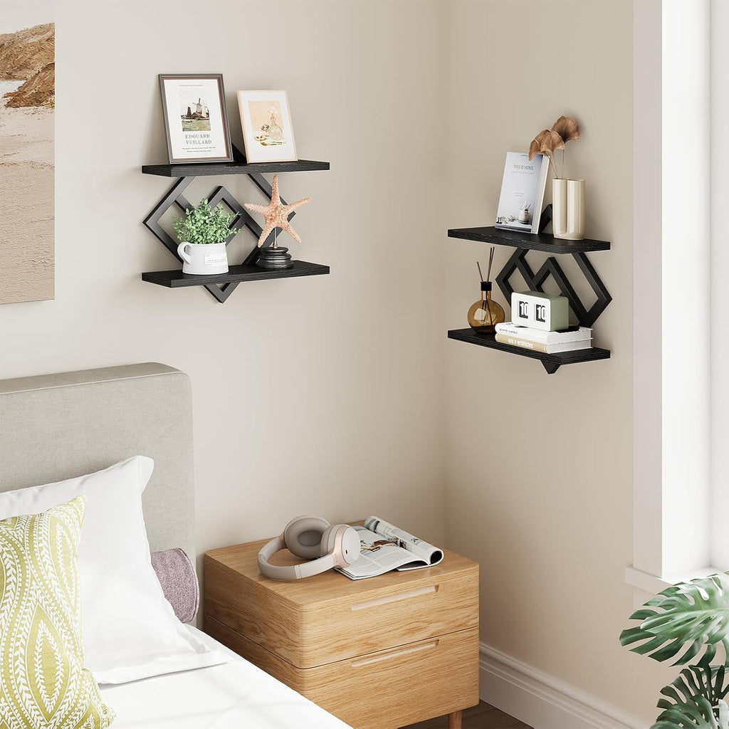 Floating Shelves for Wall, Set of 2 Hanging Shelves, Black | 2-Tier Wall Mounted Storage Shelves for Decor, Books