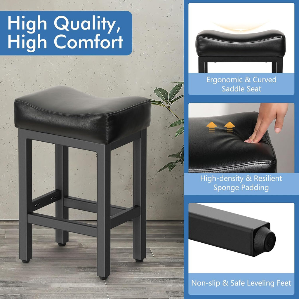 Counter Height Bar Stools Set of 2, 24 Inch Barstools Island Counter, Bonded Leather Kitchen Stools with Thick Saddle