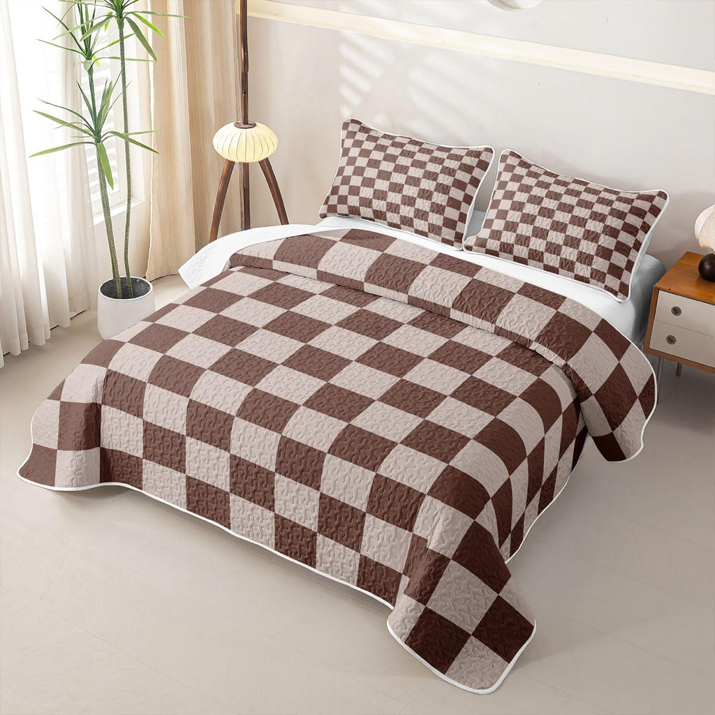 Brown Khaki Plaid Quilted Bedspread Set, Gingham Microfiber Lightweight, Retro Neutral Checkerboard Geometric