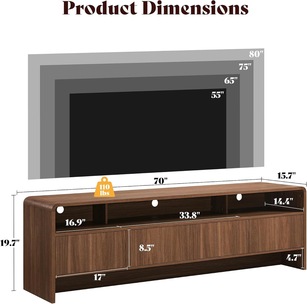 70" Modern TV Stand for TVs Up to 80", Wood TV Console with Curved Profile Design & 2 Storage Cabinets, Media Console