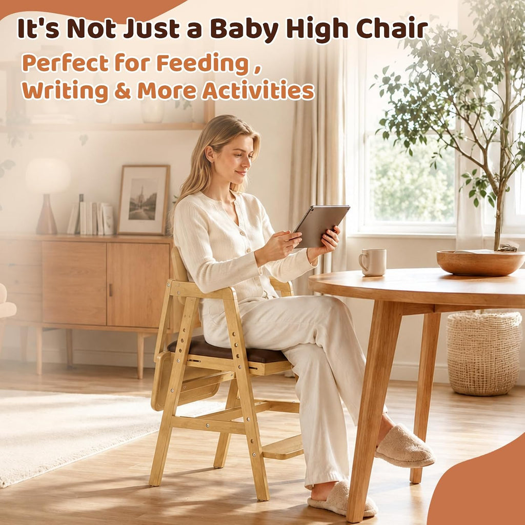 3-in-1 Wooden High Chair for Baby & Toddler with Adjustable Tray, Natural | Ergonomic Design, Built-in Foot Steps