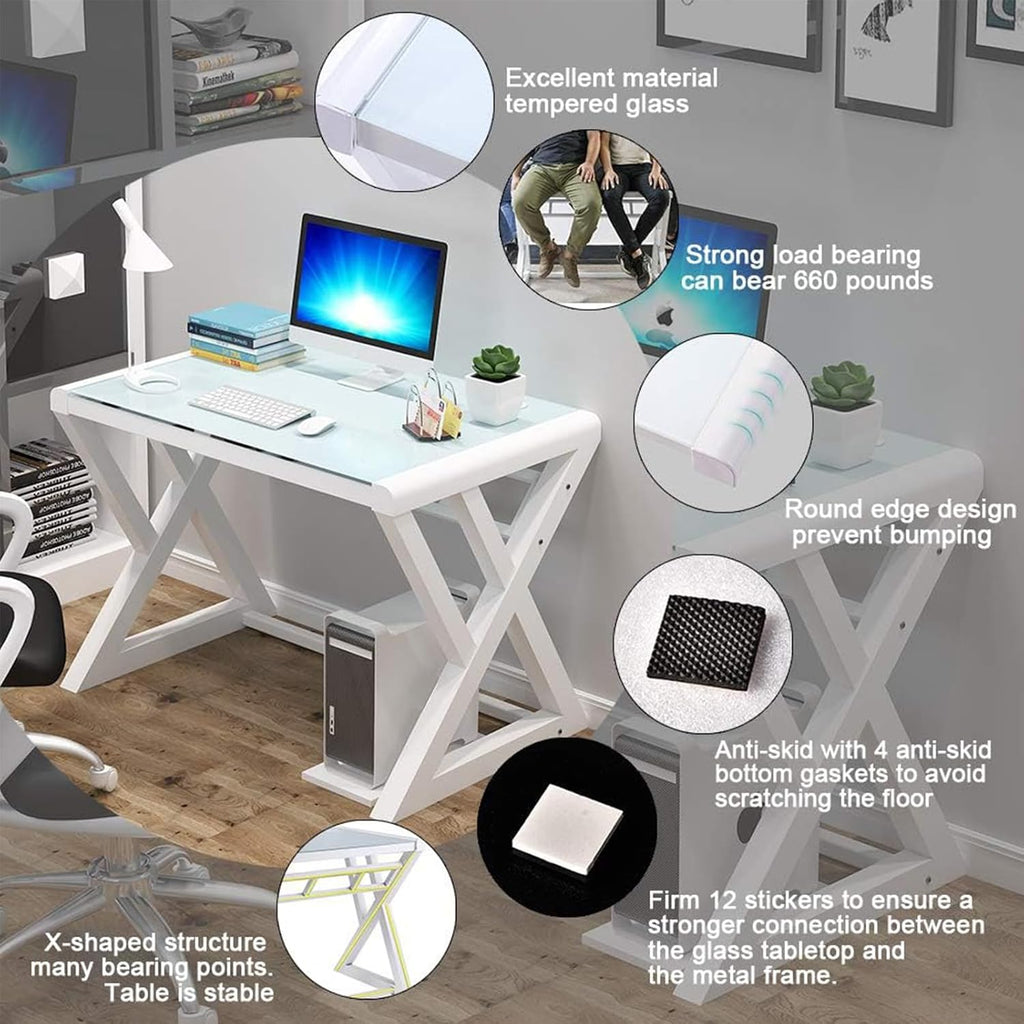 Computer Desk & Gaming Desk, Home Office Desks 55.1 Inch- Modern Simple Writing Study White Glass Computer Desk