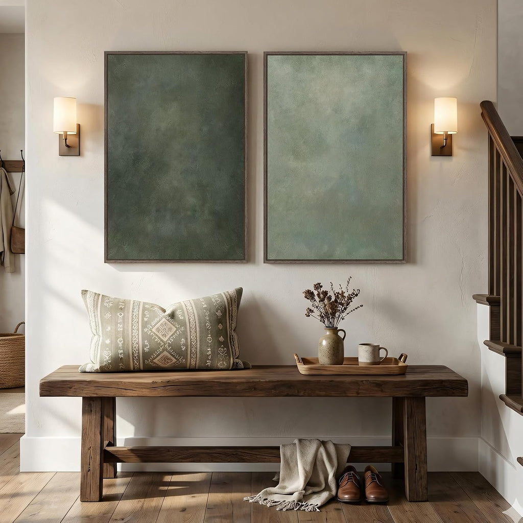 Large Framed Green Abstract Wall Art, 2 Piece Modern Canvas Art Prints Paintings, Minimalist Sage Green Abstract
