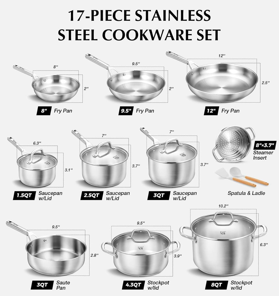 Stainless Steel Cookware Set 17 Piece with 5 Layer Base, Professional 18/10 Stainless Steel Pots and Pans Set, Oven