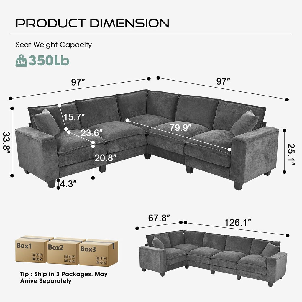 97" 5 Seater L Shaped Couch Corner Sofa, Oversized Cloud Couch with 2 Pillows Chenille Modular Sectional Sofa