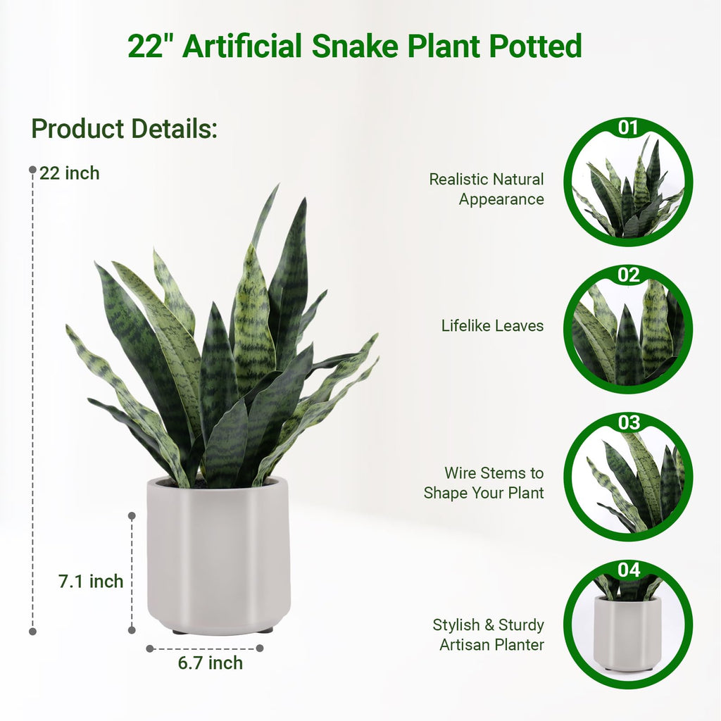 Faux Snake Plant 22" Tall, Realistic Touch Leaves, Potted Artificial Plants Indoor Decor Small Office Home Living Room
