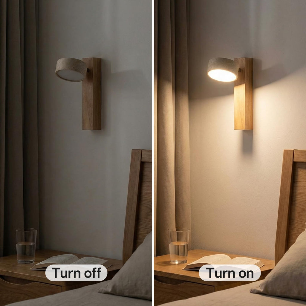 Natural Travertine Wall Sconce, Solid Wood Japandi LED Vanity Light, 1-Pack