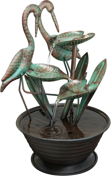 Tabletop Water Fountain with Standing Metal Crane Decor, 3-Tier Lotus Leaf Indoor Zen Waterfall Fountains